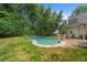 Backyard pool and patio featuring stone trim and well-maintained lawn and landscaping at 8643 Ellard Dr, Alpharetta, GA 30022