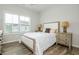 Comfortable bedroom featuring a queen bed with a padded headboard and wood-look floors, creating a cozy retreat at 6895 Whitman Walk, Alpharetta, GA 30005