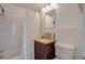 Neat bathroom featuring a shower with a curtain, vanity, and toilet, designed for functionality and comfort at 215 Piedmont Ne Ave # 1406, Atlanta, GA 30308