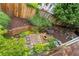 Overhead shot of a landscaped backyard featuring a wooden fence, patio, and lush garden at 1912 Hosea L Williams Ne Dr # 1, Atlanta, GA 30317