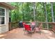 A wooden deck overlooks a treed back yard and has an outdoor table at 428 Redwood Trl, Canton, GA 30114