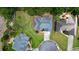 Stunning aerial view of a landscaped backyard with mature trees, deck, and charming outdoor living space at 1703 Rifle Sw Rdg, Marietta, GA 30064