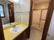 Bathroom featuring a sink, mirror, and shower with gold trim at 2104 Moon Sw Dr, Conyers, GA 30094