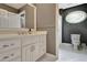 Bathroom featuring white cabinetry, an oval window, and a neutral color scheme at 104 Hidden Springs Ln, Peachtree City, GA 30269