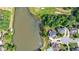 Scenic aerial of home, golf course, neighborhood, and large pond with fountain at 652 Pathview Ct, Dacula, GA 30019