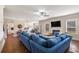 Inviting living room features a plush blue sofa, fireplace, and abundant natural light at 4854 Cathedral Ct, Powder Springs, GA 30127