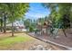 Lush lawn featuring a playground structure with a slide, climbing area, and swings under a blue sky at 4854 Cathedral Ct, Powder Springs, GA 30127