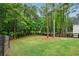 Wide shot of the spacious backyard with a privacy fence and lush, mature trees at 131 Forsyth Park Ln, Woodstock, GA 30188