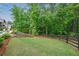Large backyard with green grass, professional landscaping, and wooden fence at 131 Forsyth Park Ln, Woodstock, GA 30188