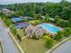 Aerial view of neighborhood pool, tennis courts, and community center surrounded by trees and lush landscaping at 2579 Lulworth Ln, Marietta, GA 30062
