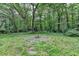 Private backyard with a stone fire pit and small storage shed at 2816 Highland Park Dr, Stone Mountain, GA 30087