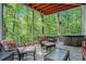 Relaxing covered outdoor patio area with furniture, a hot tub, and a peaceful wooded backdrop at 7052 Camp Falls Ct, Winston, GA 30187