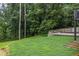 Well manicured lawn featuring a patio with benches, stone foundation, and partial forest views at 879 Wildwood Ne Rd, Atlanta, GA 30324