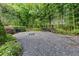 Secluded backyard area featuring a stone fire pit surrounded by a bamboo screen and lush greenery, perfect for relaxing at 2544 Thompson Ne Rd, Brookhaven, GA 30319
