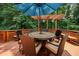 Outdoor seating beneath a blue umbrella on a wooden deck surrounded by lush trees at 828 Ivy Ne Cv, Norcross, GA 30071
