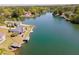 Aerial view of waterfront homes with boat docks, pools, and lush landscaping on lake at 1252 Heritage Dr, Villa Rica, GA 30180