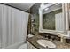 Well-lit bathroom showcasing a decorative vanity, a large mirror, a shower with curtain, and granite-look counter at 3085 Saint Andrews Dr, Duluth, GA 30096