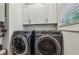 Laundry room with full sized washer and dryer featuring white cabinets, and clean modern design at 408 Townly Ct, Alpharetta, GA 30009