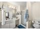 Bathroom showcasing double sinks, vanity space, and a glass-enclosed shower at 3485 Palisade Lake Dr, Duluth, GA 30096