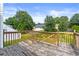 Wooden deck featuring weathered planks, railings and a small patio table with a beautiful treed backyard view at 3485 Palisade Lake Dr, Duluth, GA 30096