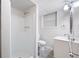 Basement bathroom featuring a walk-in shower, toilet, and single sink vanity at 695 Hiram Sudie Rd, Dallas, GA 30157