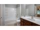 Full bathroom with tub/shower combo and single sink vanity at 2482 Brittany Park Ln, Ellenwood, GA 30294