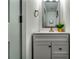 Bathroom featuring grey vanity with modern fixtures and mirror at 236 Barfield Sw Ave, Atlanta, GA 30310