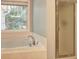 Bathroom with soaking tub, shower with glass door and window at 112 Lexington Parke Dr, Woodstock, GA 30189