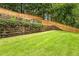 Spacious backyard with lush green grass, wooden retaining walls, and privacy fence at 505 Woodmoore Ct, Sandy Springs, GA 30342