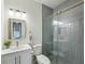 Bathroom featuring a glass door shower, gray tiles, and modern fixtures at 505 Woodmoore Ct, Sandy Springs, GA 30342