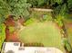 Aerial of backyard featuring a lush green lawn, landscaped garden, and a wooden deck at 2059 Ivey Chase Dr, Dacula, GA 30019