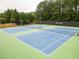 Community tennis courts with blue surface, green surround, nets, lighting and fenced perimeter near mature trees at 2059 Ivey Chase Dr, Dacula, GA 30019