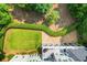 Aerial view of lush backyard, meticulously landscaped, with a patio, green lawn, and manicured hedges at 4720 Cliffside Ct, Marietta, GA 30067