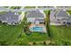 Beautiful aerial view of a home with a pool, landscaped backyard, and a covered outdoor seating area at 2377 Kesgrove Way, Buford, GA 30518