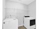 Well-equipped laundry room with modern washer and dryer, plus ample storage shelving at 6135 Stillwood Ln, Cumming, GA 30041