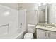 Cozy bathroom featuring a tub, shower, and vanity with granite countertops at 2920 Cushing Ct, Jonesboro, GA 30236