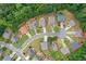 Aerial view displaying a cul-de-sac neighborhood with lush green landscaping and well-spaced single-Gathering homes at 607 Little Shoals Ct, Canton, GA 30115