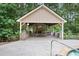 Backyard view of the outdoor pavilion with stone fireplace, lush landscaping and pool at 561 Holland Rd, Dallas, GA 30157