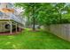 Expansive backyard features lush green lawn, mature trees, and a wooden fence for privacy at 350 Birch Rill Dr, Alpharetta, GA 30022