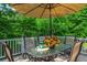 Outdoor deck with patio furniture and umbrella, surrounded by lush greenery, perfect for relaxation at 350 Birch Rill Dr, Alpharetta, GA 30022