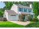 Well-maintained two-story home with a garage, blue shutters, and a green lawn and shrubbery at 350 Birch Rill Dr, Alpharetta, GA 30022