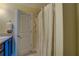 Bathroom featuring dark cabinets, a white door, and shower with a beige curtain at 110 Baltusrol Way, Covington, GA 30014