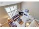 Cozy living room with leather couches, a fireplace, and bright windows at 1721 Crowes Lake Ct, Lawrenceville, GA 30043