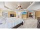 The spacious main bedroom boasts plush carpeting, a ceiling fan, and a television for your viewing pleasure at 8920 Ellesmere Dr, Cumming, GA 30041