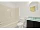 Bathroom featuring white walls, a black vanity, and a round mirror over the sink at 132 Bishop Nw Rd, Cartersville, GA 30121