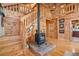 Cozy living room with wood-burning stove and beautiful hardwood staircase to the upper level at 521 East Valley Ne Rd, Rydal, GA 30171