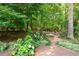 Backyard featuring a woodsy area with a fire pit seating area and lush plants at 2915 Preakness Nw Dr, Marietta, GA 30064