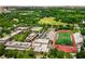 Aerial view showcasing the school buildings and a sports field surrounded by lush green trees at 327 6Th Ne St, Atlanta, GA 30308