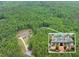 High aerial view with an inset image showing the front elevation amid a lush green forest at 5588 Rhododendron Trl, Douglasville, GA 30135