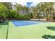 Well-maintained tennis court featuring blue playing surface, surrounded by green fencing and tall trees at 2910 Leeds Garden Ln, Alpharetta, GA 30022